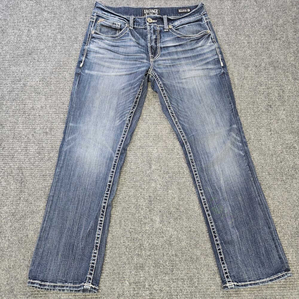 Salvage Supply Co Mayhem Straight Jeans Mens 32x29 Blue Buckle Heavy Stitch